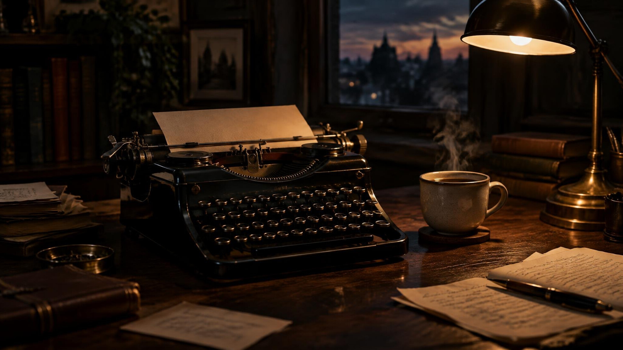 Vintage typewriter on a wooden desk with a cup of coffee and dim lamp light