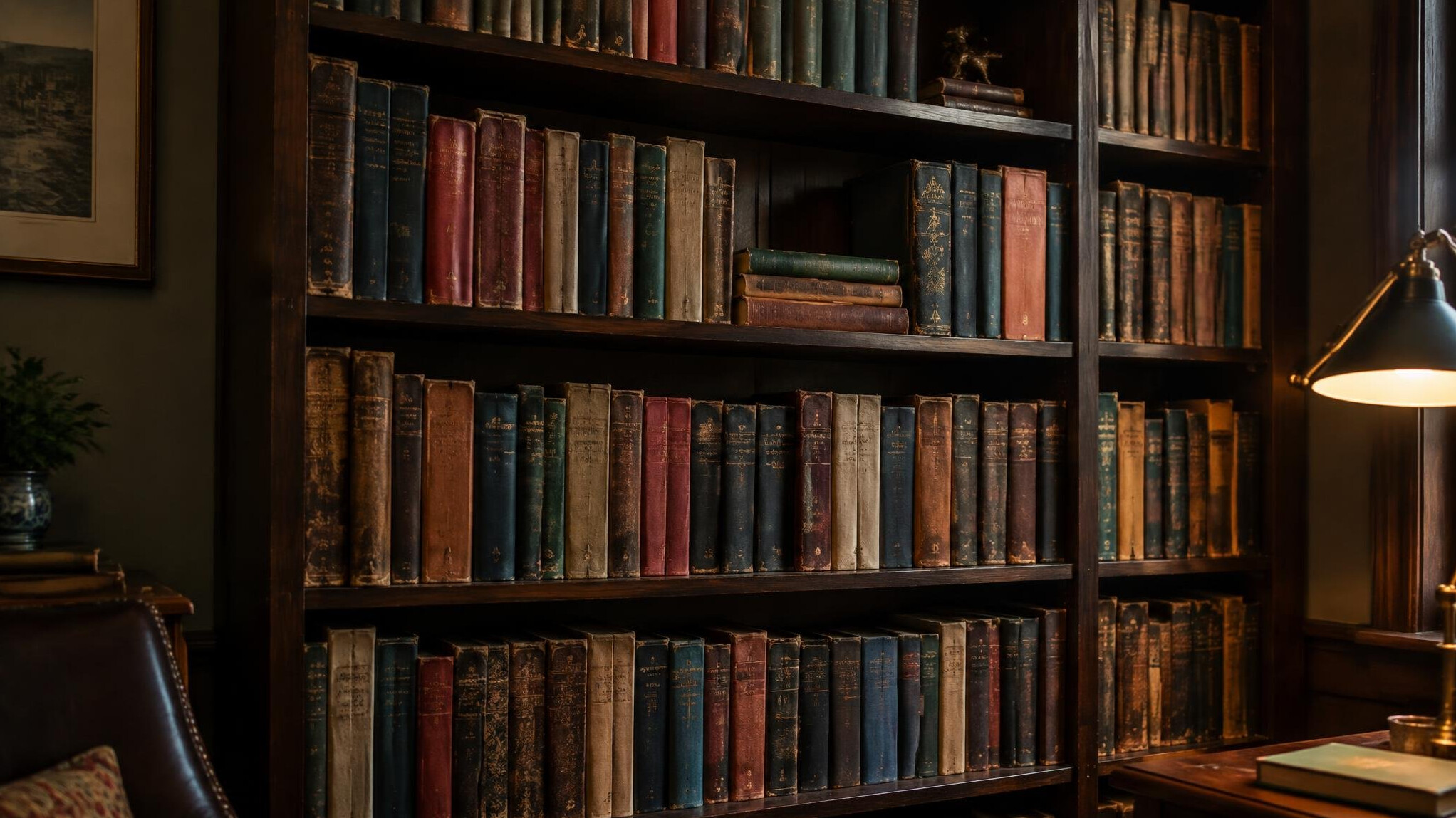Tall wooden bookshelf filled with old hardcover books in a quiet study room