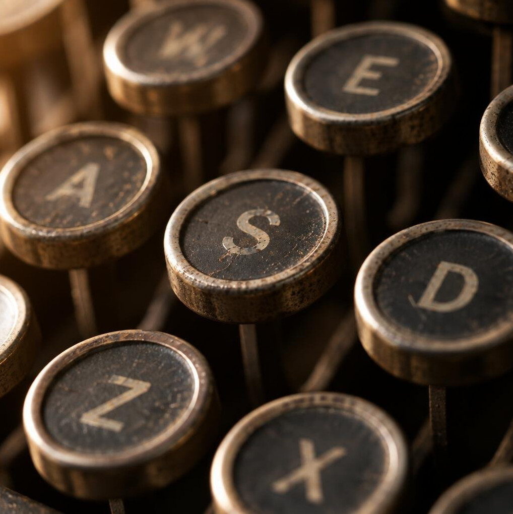 Close-up of typewriter keys with warm side lighting