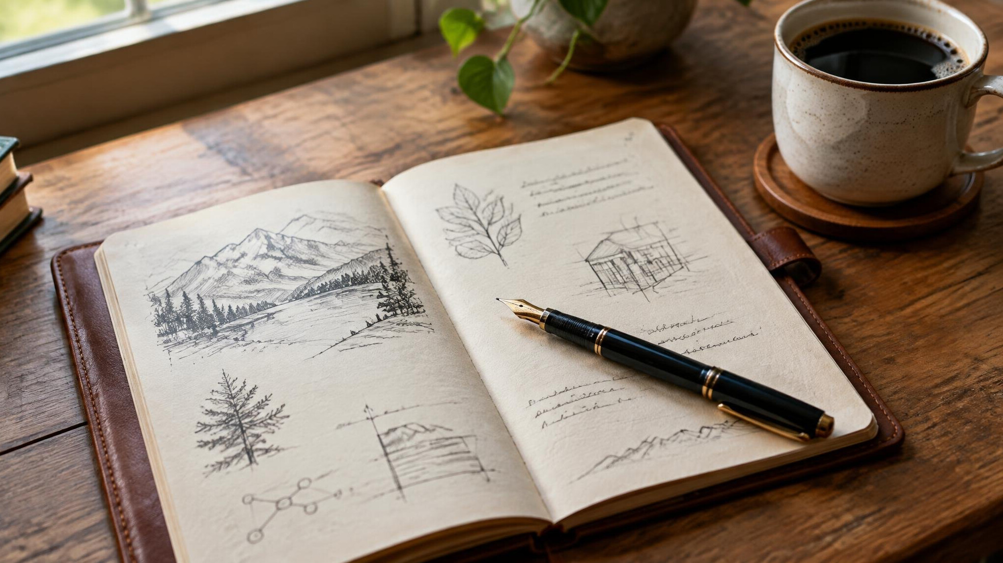 Open handwritten notebook with a pen and cup of coffee on a wooden table